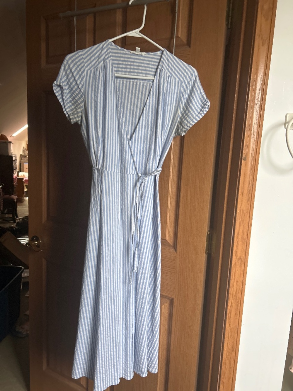 Classic No Less Than Striped Wrap Midi Dress Cotton Size M (Fits like a S/M)